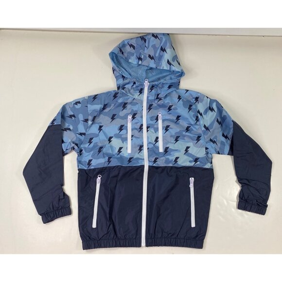 Bocini Boys Blue Black Camouflage Lightning Bolt Hooded Windbreaker Size Large - Picture 1 of 3